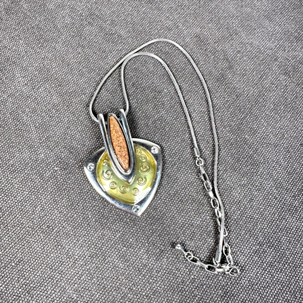 Vintage MCM‎ Two-Tone Silver Gold Brown Druzy Shield Pendant Necklace 18